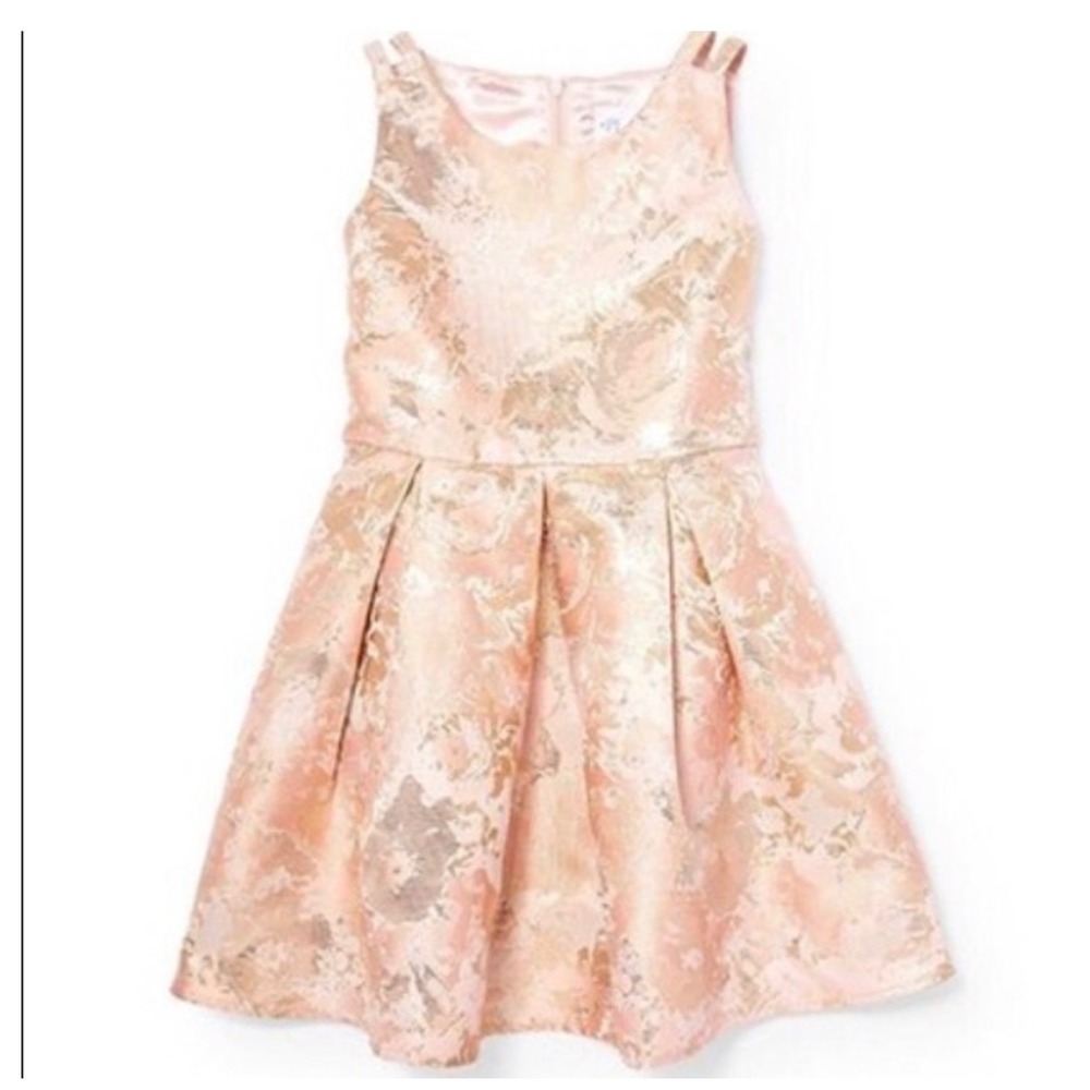 (A7) The Childrens Place Girls Pink Rose Gold Metallic Floral Brocade Dress 8